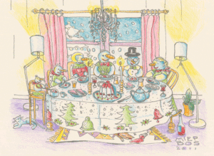 Kerstkaart Miep Bos feestmaaltijd sneeuwmensen